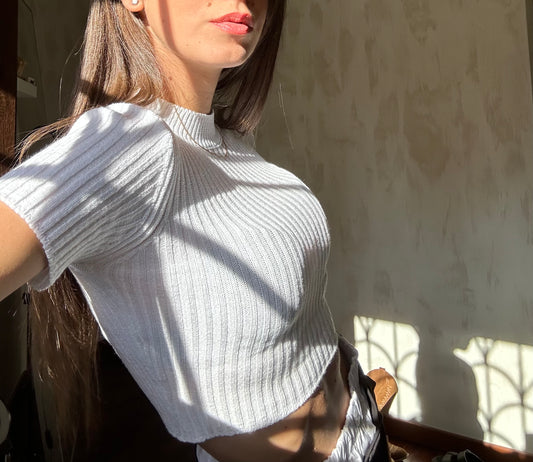 Maglia crop costine bianca